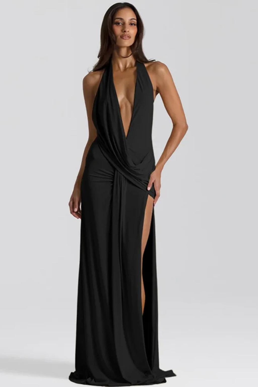 Aurelia | Women Sleeveless Halter Draped Backless Wedding Guest Maxi Dress