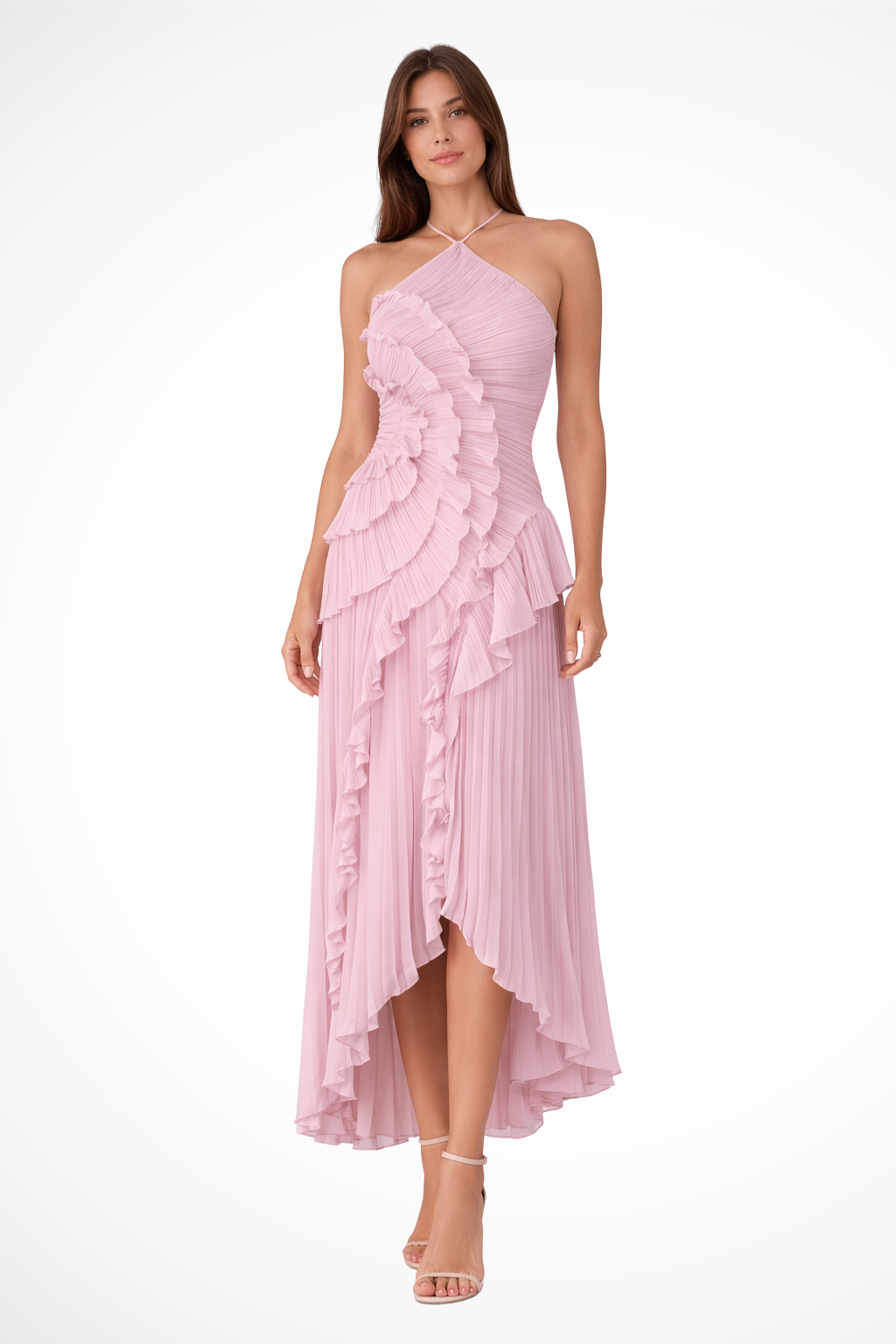 Imogen | Women’s Sleeveless Halter Backless Ruffled Maxi Summer Wedding Guest Dress