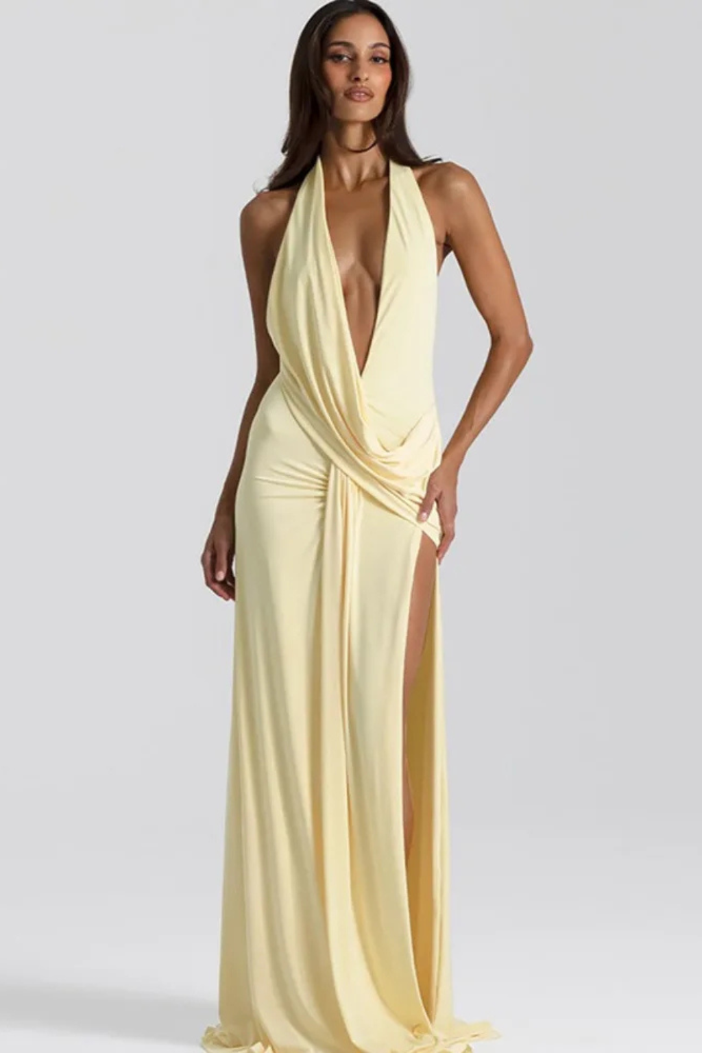 Aurelia | Women Sleeveless Halter Draped Backless Wedding Guest Maxi Dress
